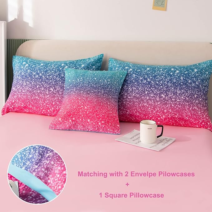 PERFEMET Girls Comforter Set Queen Size, 6 Piece Bed in A Bag, Colorful Rainbow Bedding Set with Comforter and Sheet, Gradient Pink Glitter Galaxy Bed Set for Teen Girls Kids Women, Blue Turquoise - LeafyLoom