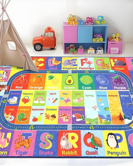 HEBE Kids Play Rug 3'4"x5' ABC Alphabet Numbers Shapes Educational Kid Area Rug Washable Baby Crawling Mat Non Slip Kid Play Mat Carpet for Girl Boy Bedroom Playroom - LeafyLoom
