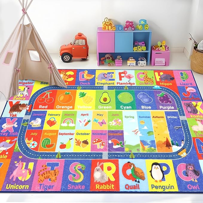 HEBE Kids Play Rug 3'4"x5' ABC Alphabet Numbers Shapes Educational Kid Area Rug Washable Baby Crawling Mat Non Slip Kid Play Mat Carpet for Girl Boy Bedroom Playroom - LeafyLoom