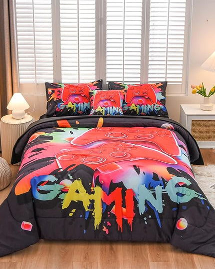 Aimuan Gamer Gaming Bedding Sets 3D Gamepad Comforter Sets for Boys Games Console Action Buttons Novelty Colorful Game Controller Modern Room Decor Home Quilt Set (Black, Full 6PCS) - LeafyLoom