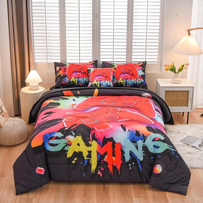 Aimuan Gamer Gaming Bedding Sets 3D Gamepad Comforter Sets for Boys Games Console Action Buttons Novelty Colorful Game Controller Modern Room Decor Home Quilt Set (Black, Full 6PCS) - LeafyLoom