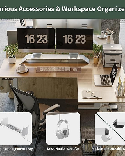 FEZIBO Triple Motor L-Shaped Electric Standing Desk, Height Adjustable Stand up Corner Desk, 63 Inches Sit Stand Workstation with Splice Board, White Frame/Light Walnut Top - LeafyLoom
