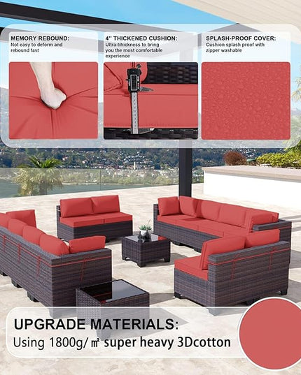 Kullavik 14PCS Outdoor Patio Furniture Set PE Wicker Rattan Sectional Sofa Patio Conversation Sets,Red - LeafyLoom