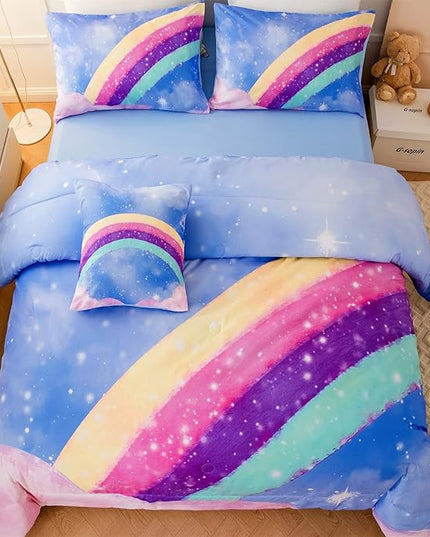 Blue Girls Bedding Set Twin, 6Pcs Colorful Rainbow Kids Comforter Set for Girls, 3D Gradient Glitter Bed in A Bag with Comforter, Sheets and Pillowcases for Teens - LeafyLoom