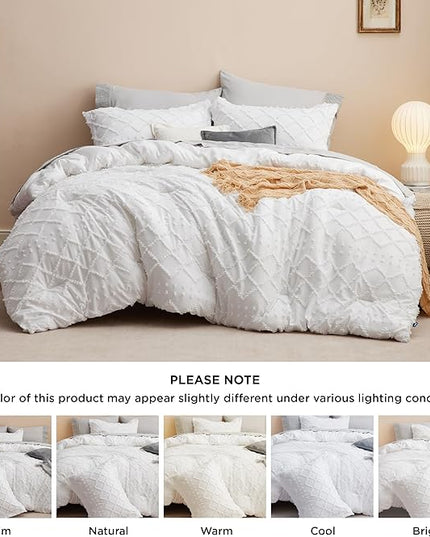 Bedsure Queen Comforter Set - White Comforter, Boho Tufted Shabby Chic Bedding Comforter Set, 3 Pieces Vintage Farmhouse Bed Set for All Seasons, Fluffy Soft Bedding Set with 2 Pillow Shams - LeafyLoom