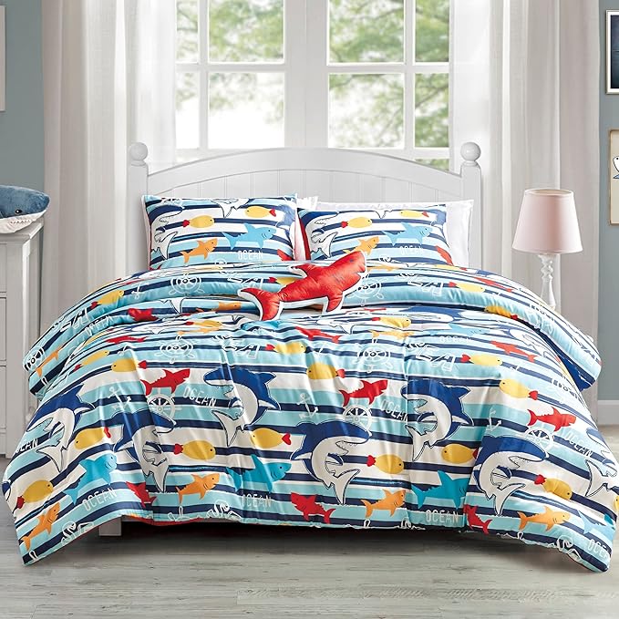 for Kids Ocean Life 4-Piece Comforter Set - Beautiful Motif Design Bedding Set with Embrodery Print - LeafyLoom