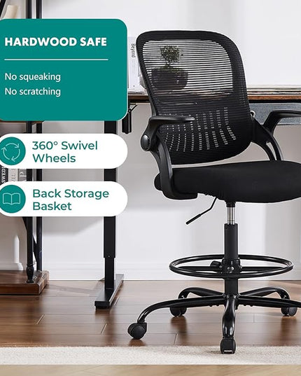 SMUG Drafting Chair, Tall Office Chair Tall Standing Desk Chair Counter Height Adjustable Office Chair with Flip-up Arms, Mid Back Mesh Office Drafting Chairs, Black - LeafyLoom