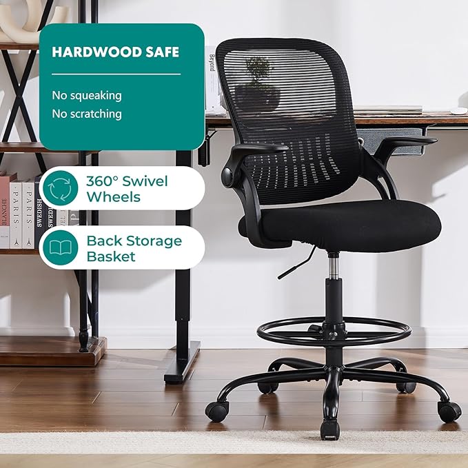 SMUG Drafting Chair, Tall Office Chair Tall Standing Desk Chair Counter Height Adjustable Office Chair with Flip-up Arms, Mid Back Mesh Office Drafting Chairs, Black - LeafyLoom