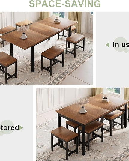 Feonase 7-Piece Dining Table Set with 6 Stools, 63" Large Extendable Kitchen Table Set for 4-8, Mid-Century Dining Room Table with Heavy-Duty Frame, Easy Assembly, Walnut - LeafyLoom