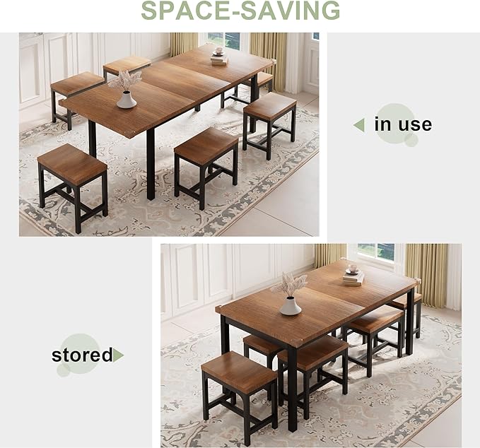 Feonase 7-Piece Dining Table Set with 6 Stools, 63" Large Extendable Kitchen Table Set for 4-8, Mid-Century Dining Room Table with Heavy-Duty Frame, Easy Assembly, Walnut - LeafyLoom