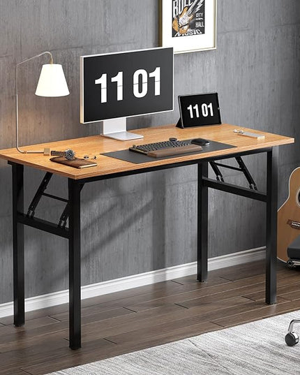 Need Home Office Desk 47 inches Folding Computer Table Workstation No Install, Teak and Black - LeafyLoom