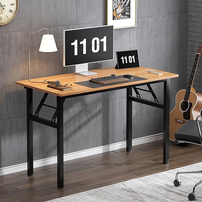 Need Home Office Desk 47 inches Folding Computer Table Workstation No Install, Teak and Black - LeafyLoom