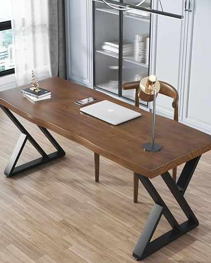 Rustic Style Solid Wood 55-inch Computer Desk - Large Office Desk for Home Office, Modern and Simple Design, Ideal for Study, Writing, Dining - LeafyLoom