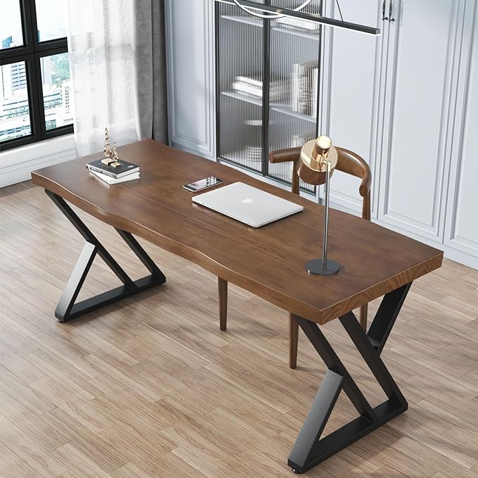 Rustic Style Solid Wood 55-inch Computer Desk - Large Office Desk for Home Office, Modern and Simple Design, Ideal for Study, Writing, Dining - LeafyLoom