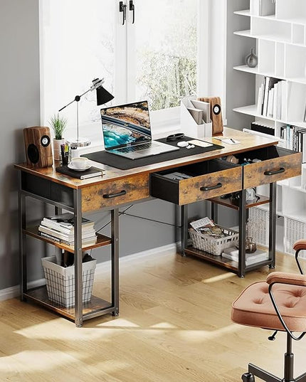 ODK Office Small Computer Desk: Home Table with Fabric Drawers & Storage Shelves, Modern Writing Desk, Vintage, 48"x16" - LeafyLoom
