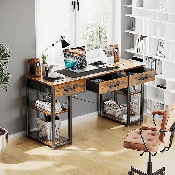 ODK Office Small Computer Desk: Home Table with Fabric Drawers & Storage Shelves, Modern Writing Desk, Vintage, 48"x16" - LeafyLoom
