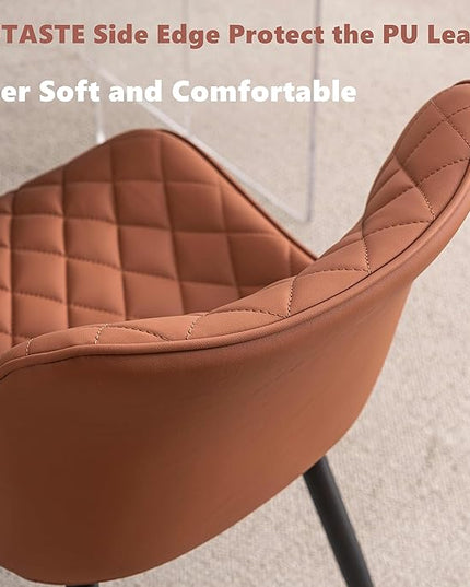 YOUTASTE Coffee Brown Dining Chairs Set of 2 Mid Century Modern PU Leather Diamond Upholstered Accent Guest Dinner Chair with Back Metal Legs for Kitchen Living Reception Waiting Room - LeafyLoom