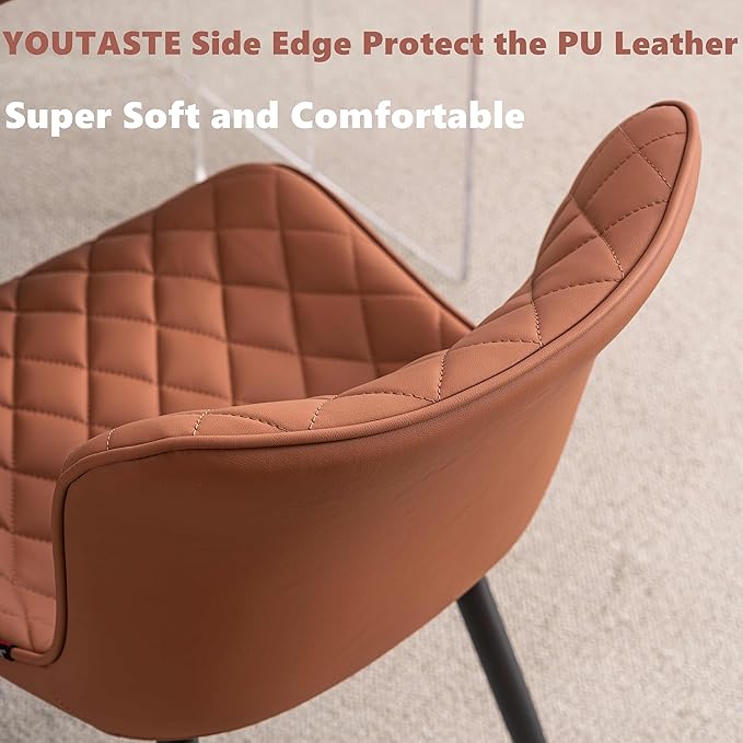 YOUTASTE Coffee Brown Dining Chairs Set of 2 Mid Century Modern PU Leather Diamond Upholstered Accent Guest Dinner Chair with Back Metal Legs for Kitchen Living Reception Waiting Room - LeafyLoom