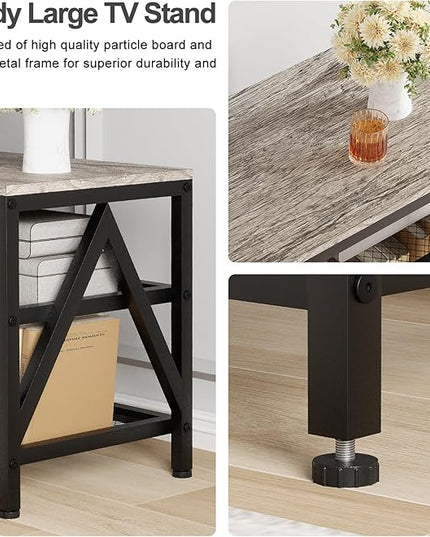 TV Stand for 60 65 Inch TV, Long 55" Entertainment Center 3-Tier TV Console Steel Frame Industrial Style TV Cabinet with Metal Frame for Living Room, Gray - LeafyLoom