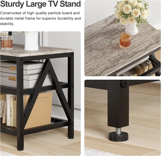 TV Stand for 60 65 Inch TV, Long 55" Entertainment Center 3-Tier TV Console Steel Frame Industrial Style TV Cabinet with Metal Frame for Living Room, Gray - LeafyLoom