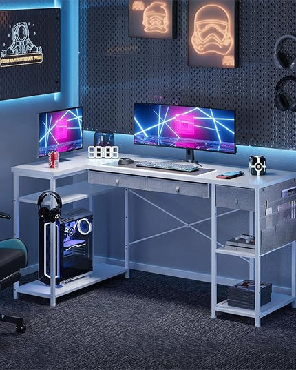 Ｍａｉｈａｉｌ Home Office Desk with Drawers and Shelves, 55” Computer Corner Desk for Small Space, Small L Shaped Desk with Side Storage for Bedroom, White - LeafyLoom