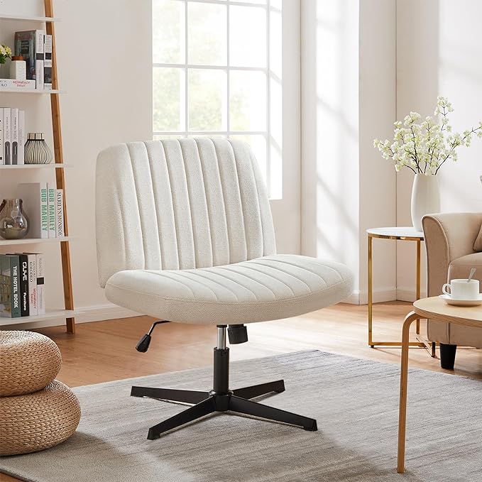 Sweetcrispy Criss Cross Chair Legged, Armless Office Desk Chair No Wheels, Swivel Vanity Chair, Height Adjustable Wide Seat Computer Task Chair, Fabric Vanity Modern Home Chair Beige - LeafyLoom