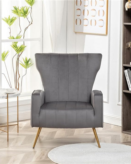 Armchair Modern Velvet Accent Chair, Channel Tufted Bedroom, Office or Living Room Furniture with Elegant Metal Legs, Grey - LeafyLoom