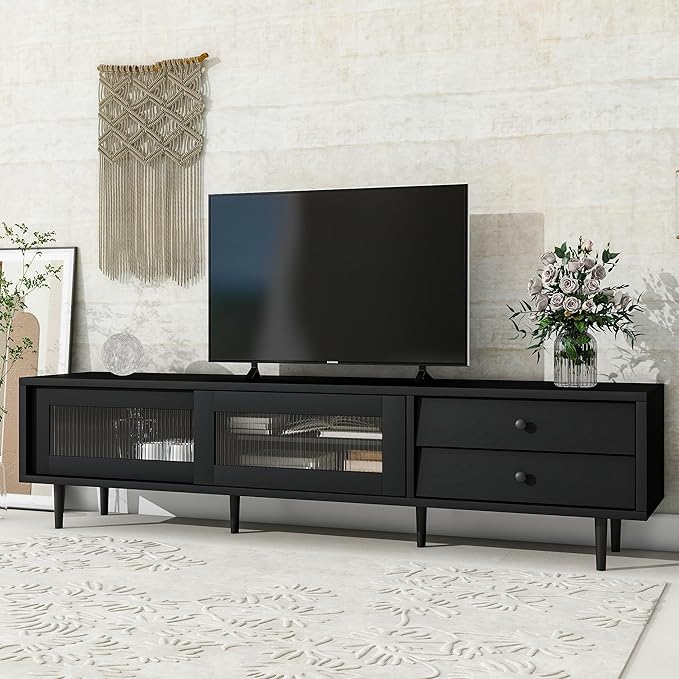 Merax Chic Elegant Design TV Stand with Sliding Fluted Glass Doors and Ample Space, Slanted Drawers Media Console for Televisions Up to 75", Modern Storage Cabinet, 70.86 inch Length, Black - LeafyLoom
