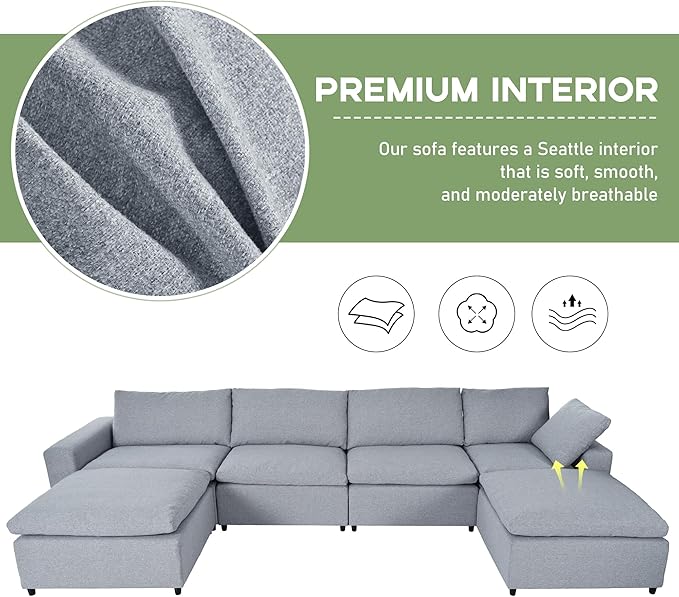 152" Oversized Modular U-Shape, Filled Upholstered Sectional Set with 2 Large Removable Ottomans Customizable Sleeper Chaise Lounge,Sofas & Couches(6-Seater), Light Gray - LeafyLoom
