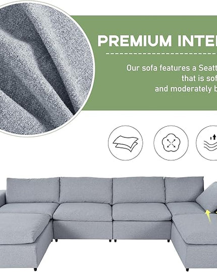 152.8" U-Shaped Down Filled Modular Sectional Sofa with 2 Removable Ottoman, Modern 6-Seat Convertible Upholstered Couch for Living Room, Apartment, Spacious Space, Light Gray, 152.8 Inch - LeafyLoom