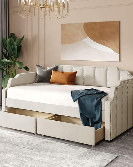 Twin Size Velvet Upholstered Daybed with Drawers, Solid Wood Sofa Bed w/Vertical Stripes Designed Backrest and Pine Legs, for Living Room, Bedroom, Dorm, No Box Spring Needed, Beige - LeafyLoom