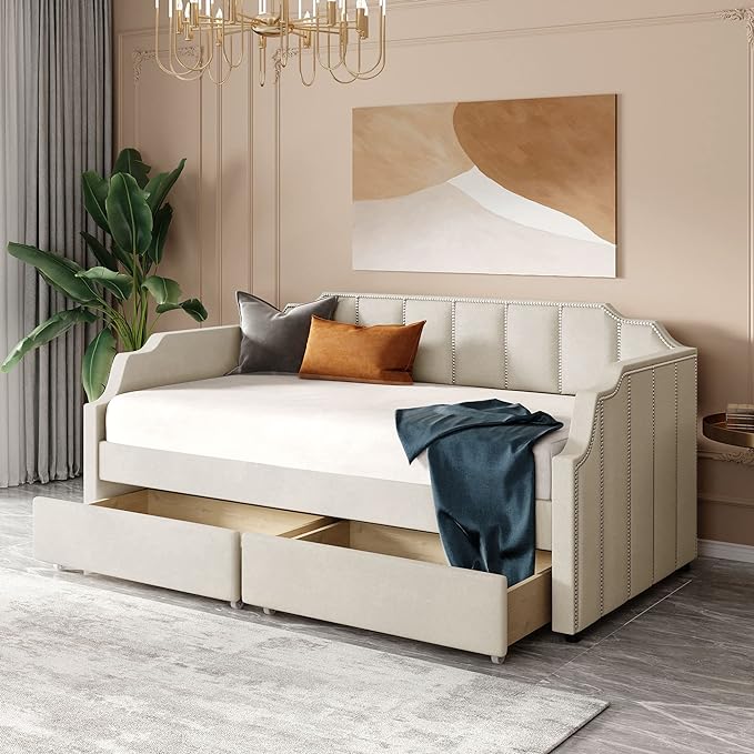 Twin Size Velvet Upholstered Daybed with Drawers, Solid Wood Sofa Bed w/Vertical Stripes Designed Backrest and Pine Legs, for Living Room, Bedroom, Dorm, No Box Spring Needed, Beige - LeafyLoom