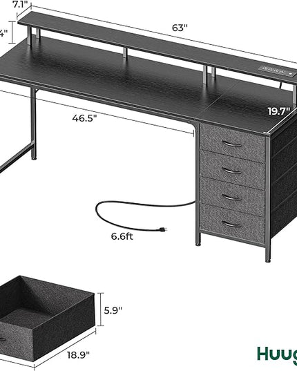 63 Inch Computer Desk with Power Outlets and LED Lights, Gaming Desk with 4 Drawers, Office Desk with Monitor Stand, Study Desk Work Desk for Home Office, Black - LeafyLoom