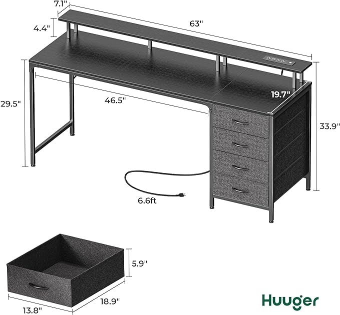 63 Inch Computer Desk with Power Outlets and LED Lights, Gaming Desk with 4 Drawers, Office Desk with Monitor Stand, Study Desk Work Desk for Home Office, Black - LeafyLoom