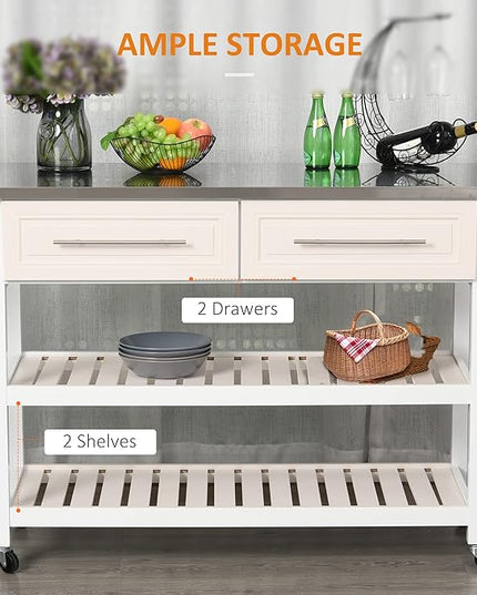 HOMCOM Kitchen Island Rolling Utility Trolley Cart with 2 Drawers Stainless Steel Top - White - LeafyLoom