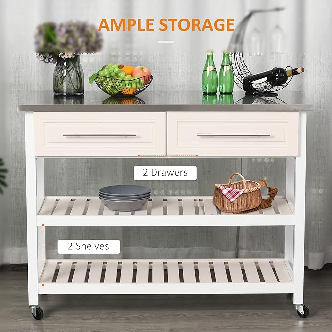 HOMCOM Kitchen Island Rolling Utility Trolley Cart with 2 Drawers Stainless Steel Top - White - LeafyLoom