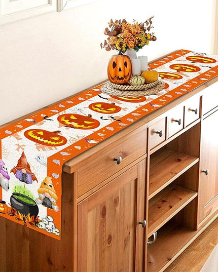 Halloween Table Runner, Halloween Table Runner 90 Inches Long, Halloween Pumpkins Gnomes Runners for Table, Black Cat Spider Web Holiday Decor Burlap Runner Rug for Home Decorations Dining Room Unibyby