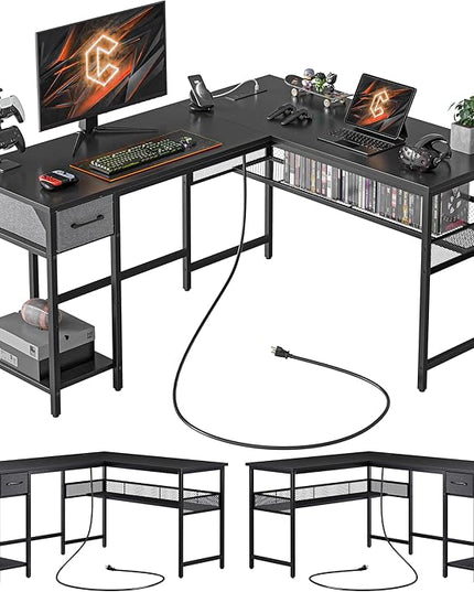 CubiCubi L Shaped Gaming Desk with Power Outlets and USB Charging Ports, 58" Reversible Corner Computer Desk with Storage Shelves and Drawer, Home Office Desk with Bookshlf, Black - LeafyLoom