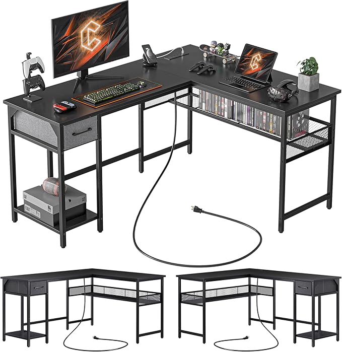 CubiCubi L Shaped Gaming Desk with Power Outlets and USB Charging Ports, 58" Reversible Corner Computer Desk with Storage Shelves and Drawer, Home Office Desk with Bookshlf, Black - LeafyLoom