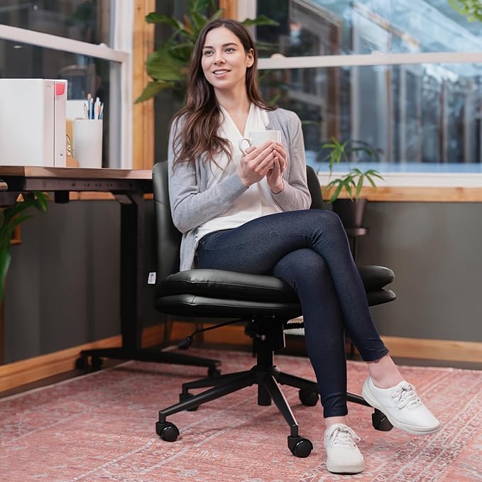 Criss Cross Chair with Wheels - Cross Legged Office Chair, Wide Armless Desk Chair Comfy Swivel Vanity Chair for Home Office, PU Leather - Black - LeafyLoom