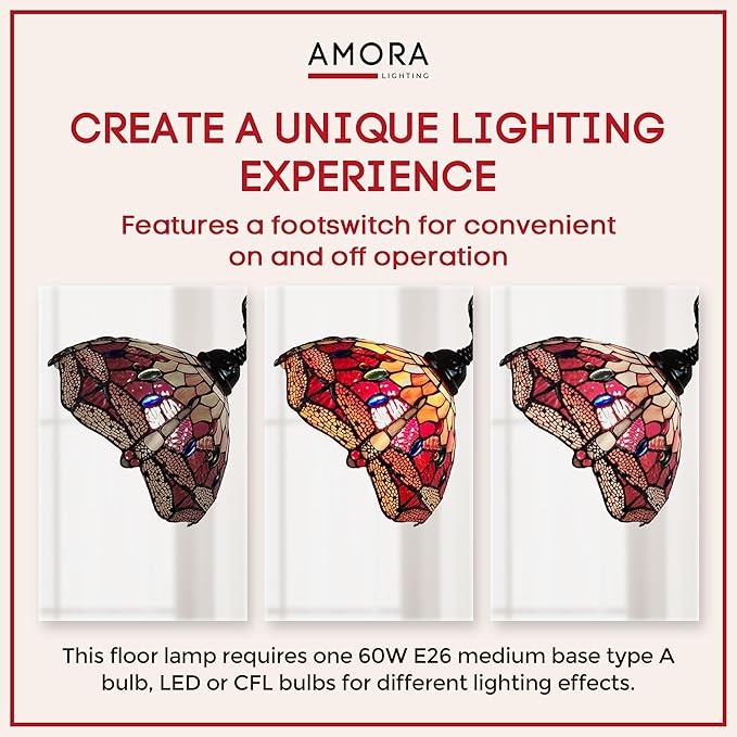 Amora Tiffany Style Floor Lamp Arched Adjustable 62" Tall Stained Glass Red Yellow Green Dragonfly Antique Vintage Light Decor Bedroom Living Room Reading Gift AM079FL10B Lighting - LeafyLoom