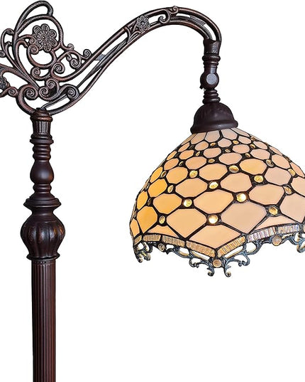 Amora Tiffany Style Floor Lamp Jeweled Jagged Edge Arched 62" Tall Stained Glass White Tan Antique Vintage Light Decor Bedroom Living Room Reading Gift AM122FL12B Lighting - LeafyLoom