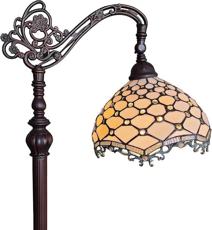 Amora Tiffany Style Floor Lamp Jeweled Jagged Edge Arched 62" Tall Stained Glass White Tan Antique Vintage Light Decor Bedroom Living Room Reading Gift AM122FL12B Lighting - LeafyLoom