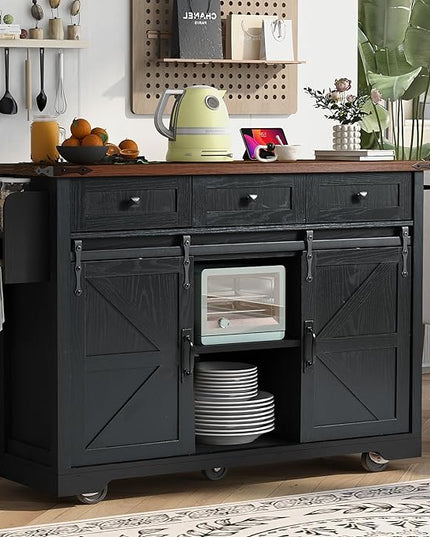 53.7" Farmhouse Kitchen Island with Power Outlet, 2 Sliding Barn Door Kitchen Storage Island with Drop Leaf, Spice Rack Rolling Kitchen Cart on Wheels for Home, Kitchen, Dining Room, Black - LeafyLoom