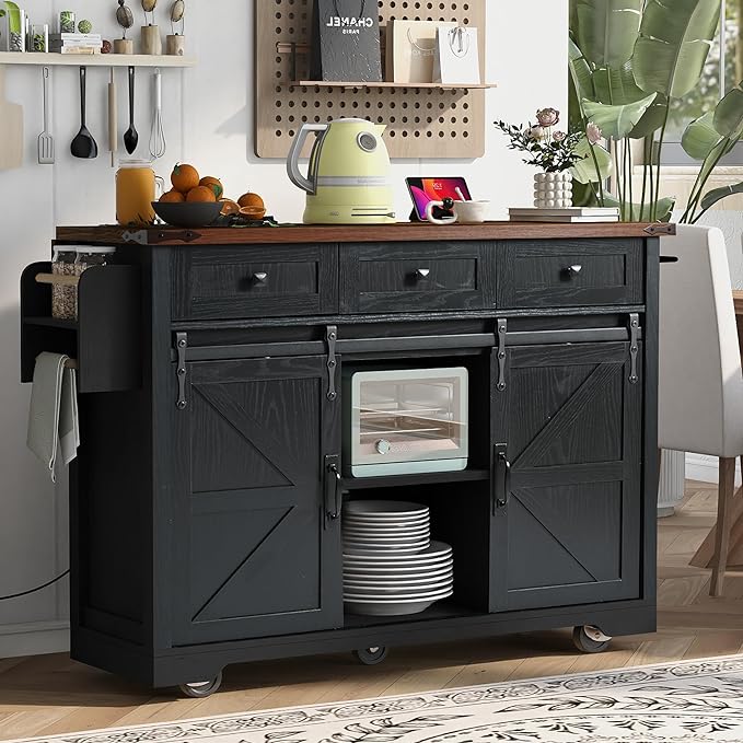 53.7" Farmhouse Kitchen Island with Power Outlet, 2 Sliding Barn Door Kitchen Storage Island with Drop Leaf, Spice Rack Rolling Kitchen Cart on Wheels for Home, Kitchen, Dining Room, Black - LeafyLoom