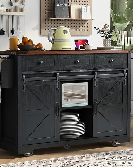 53.7" Farmhouse Kitchen Island with Power Outlet,2 Sliding Barn Door Storage w/Drop Leaf and Spice Rack Rolling Carts on Wheels & Metal Handle,for Home,Dining Room,Black, 50.25" - LeafyLoom