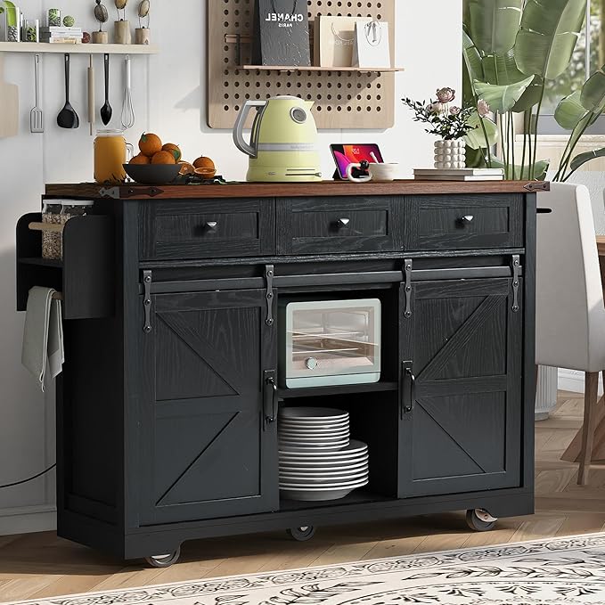 53.7" Farmhouse Kitchen Island with Power Outlet,2 Sliding Barn Door Storage w/Drop Leaf and Spice Rack Rolling Carts on Wheels & Metal Handle,for Home,Dining Room,Black, 50.25" - LeafyLoom