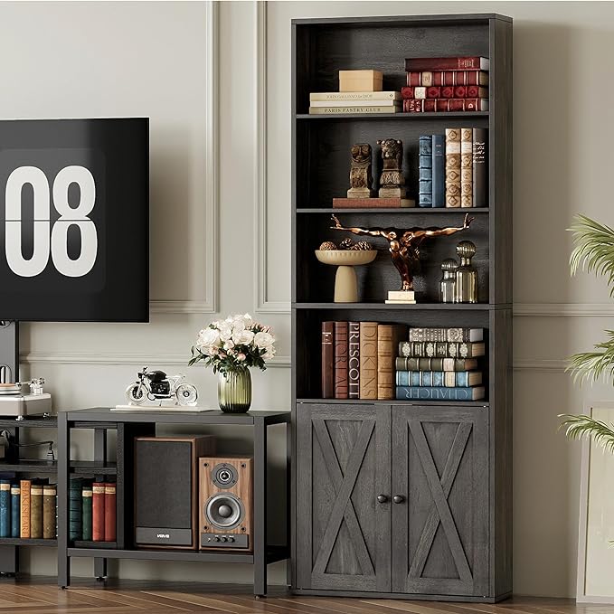 IRONCK Industrial Bookshelves and Bookcases with Doors Set of 2 Floor Standing 6 Shelf Display Storage Shelves 70 in Tall Bookcase for Home Office, Living Room - LeafyLoom