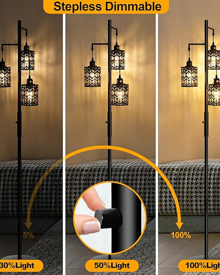 Dimmable Floor Lamp, Industrial Standing Floor lamp for Living Room, Tall Farmhouse Rustic lamp with 3 LED Bulbs, Tree Floor Lamp for Bedrooms, Living Room, Home Office, Metal, Black, 68" - LeafyLoom