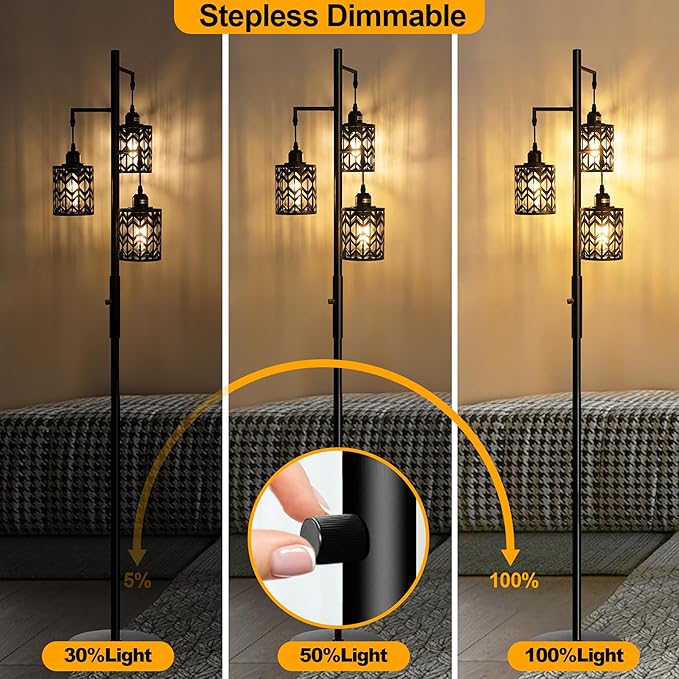 Dimmable Floor Lamp, Industrial Standing Floor lamp for Living Room, Tall Farmhouse Rustic lamp with 3 LED Bulbs, Tree Floor Lamp for Bedrooms, Living Room, Home Office, Metal, Black, 68" - LeafyLoom